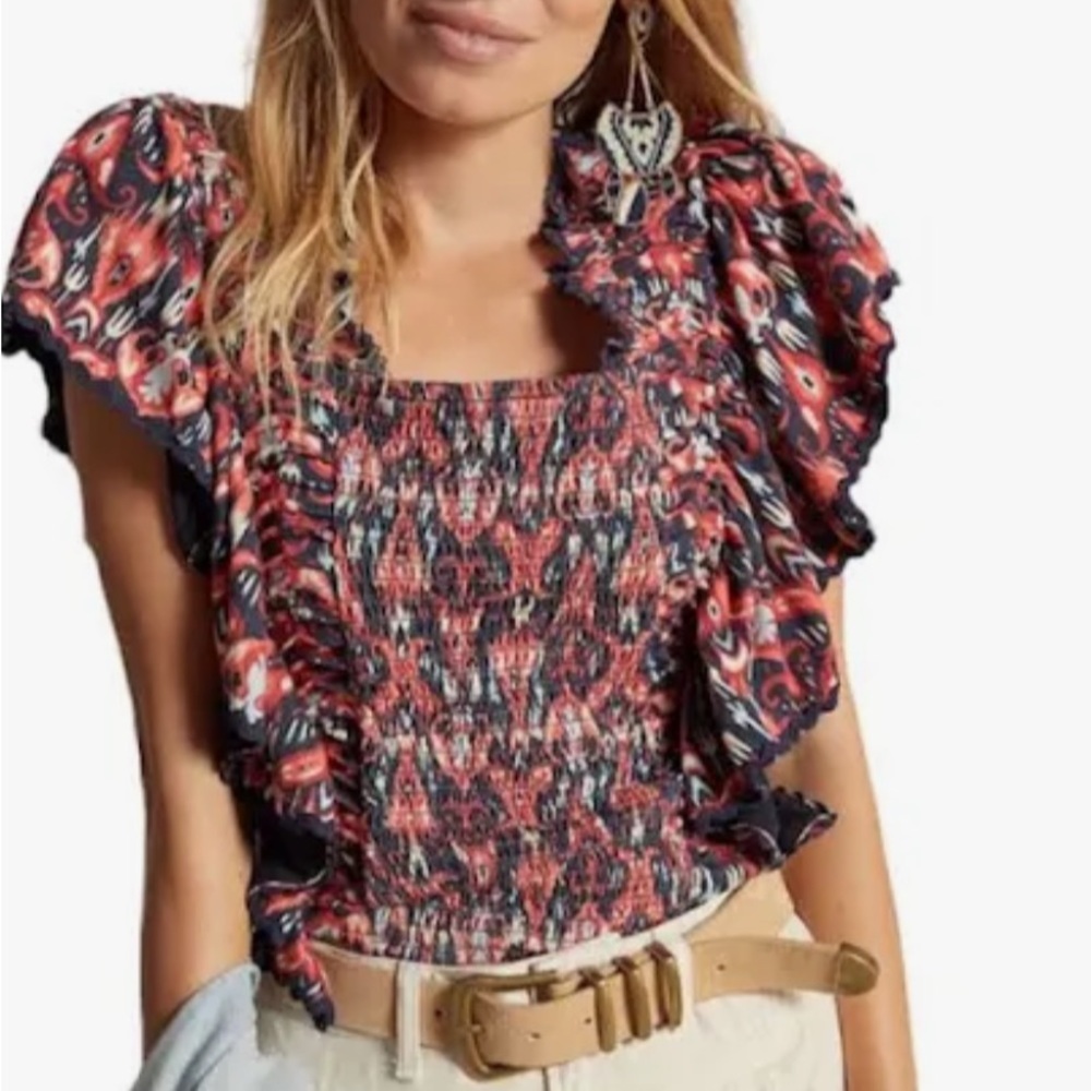 Women's Smocked Ruffle Sleeve Top - Coral Multi